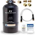 Essential RV Water Softener Portable 16,000 Grain w 4ft Hose, 3/4" Fittings, 2X Sets of Quick Connects, 1X Sani System, Softens Hard Water Prefilled NSF Resin