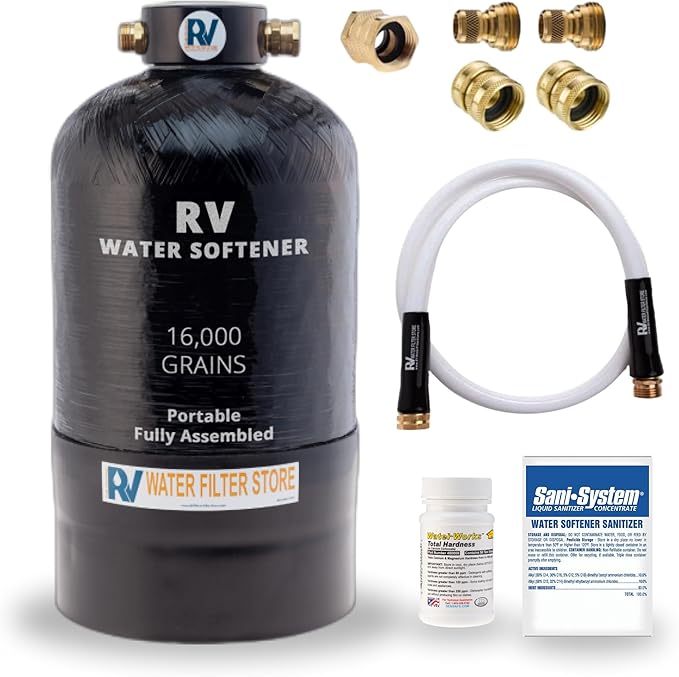 Essential RV Water Softener Portable 16,000 Grain w 4ft Hose, 3/4" Fittings, 2X Sets of Quick Connects, 1X Sani System, Softens Hard Water Prefilled NSF Resin