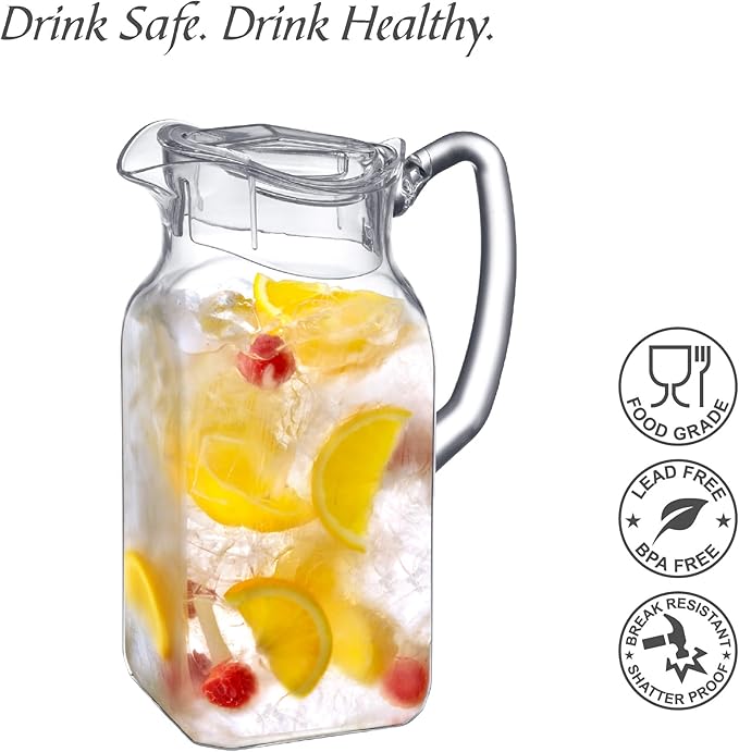 Amazing Abby - Quadly - 2-Pack Acrylic Pitcher (64 oz), Clear Plastic Water Pitcher with Lid, Fridge Jug, BPA-Free, Shatter-Proof, Great for Iced Tea, Sangria, Lemonade, Juice, Milk, and More