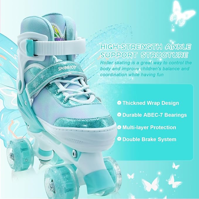 Kids Roller Skates for Girls-Outdoor 4 Size Adjustable Butterfly Quad Rollerskates for Indoor Ages 3-12 Years Beginners Children's Birthday Gift with Light Up Wheels patines para niñas Indoor-FlexoryFit
