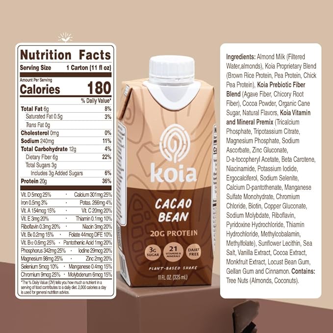 Koia Plant Based Protein Shake, Cacao Bean, 20g Protein, 3g Sugar, 6g Prebiotic Fiber, 21 Vitamins & Minerals, Meal Replacement Drinks, Dairy-Free, Gluten-Free, Non-GMO, 11 Fl Oz (Pack of 12)-FlexoryFit