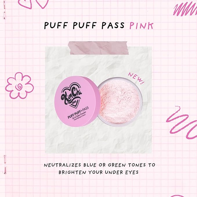 Kimchi Chic Beauty Puff Puff Pass Set and Bake Setting Powder for Makeup, Extra Fluffy Loose Face Powder Poof, Soft Natural Face Makeup for Uneven Skin Tone, 09 Pink-FlexoryFit