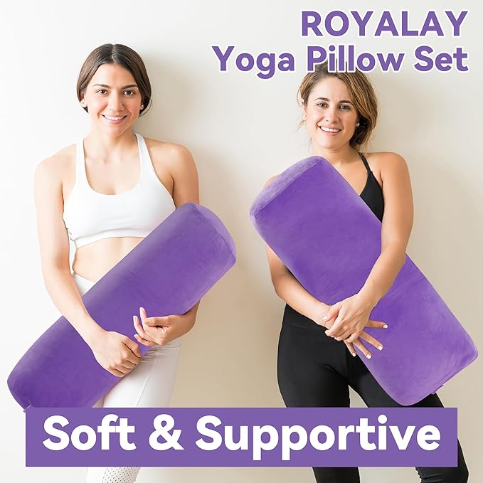 ROYALAY 2 Pcs Yoga Bolster Pillow for Restorative Yoga, Rectangular and Cylinder Meditation Pillow Set with Carrying Handles, Supportive Cushion for Exercise Workout Stretching Meditation,Purple-FlexoryFit