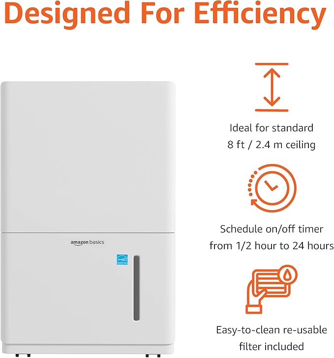 Amazon Basics Large Dehumidifier for Rooms, Energy Star Certified, Effectively Reduces Humidity, With Continuous Drain Pump, Timer, Auto-Defrost, Overflow Protection, up to 4000 SFT, 50 Pint, White