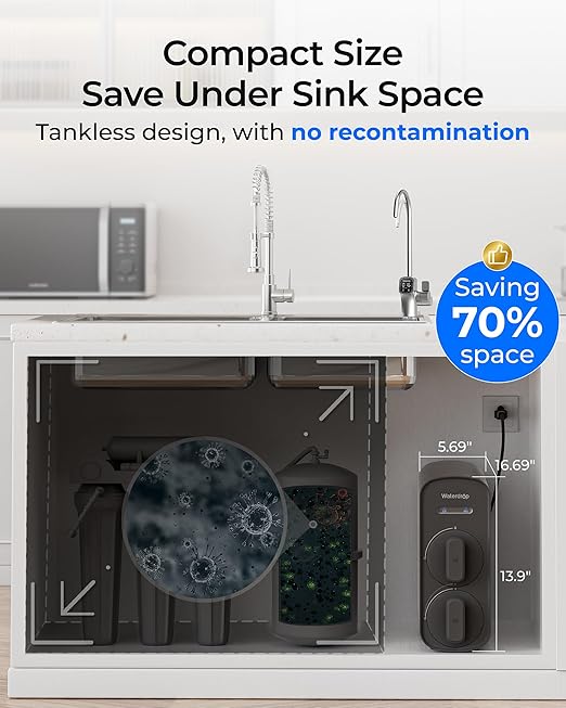Waterdrop G5P700A Alkaline Mineral pH+ Reverse Osmosis Water Filter, NSF/ANSI 372 Certified, 700G Reverse Osmosis System, 8 Stage RO Water Filtration System, 2:1 Pure to Drain, Smart LED Faucet
