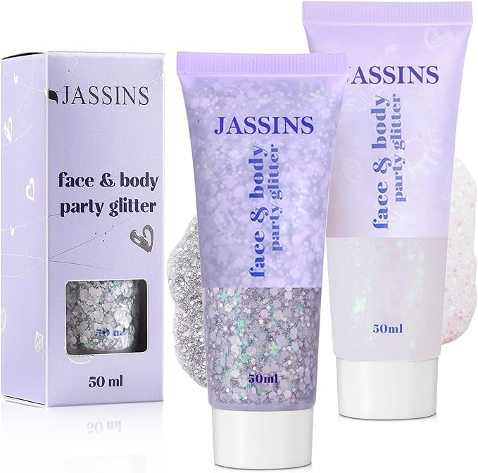 JASSINS 2 Colors Body Glitter, 100ml Face Glitter for Women Girls Kids, Glitter Gel Makeup Tween Gifts, Singer Concerts Festival Rave Accessories, Chunky Mermaid Sequins Glitter-FlexoryFit