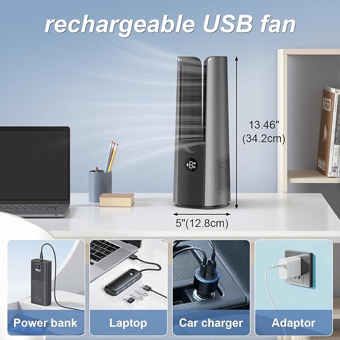 Desk Fan, Portable Bladeless Desk Fans with 9 Speed Adjustment, 14 Inch USB Rechargeable Fan 5000mAh Battery, 60° Oscillating, Touch Control Mini Fan for Office Bedroom Living Room