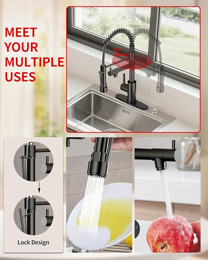 Commercial Pull-Down Kitchen Sink Faucet - Single Handle, Dual Spout, Stainless Steel, with Countertop & Sprayer (Black-03)