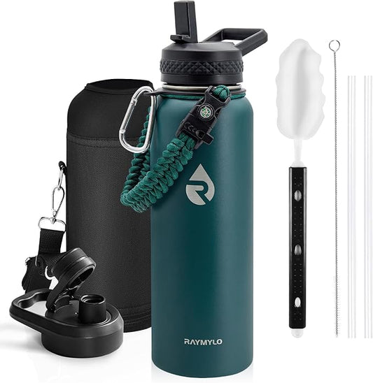 Insulated Water Bottle 40 oz, Triple Wall Vacuum Stainless Steel (Cold for 48 Hrs), Leak Proof & Non-BPA, Modern Water Flask Jug with Paracord Handle & Straw Spout Lids, Dark Green-FlexoryFit