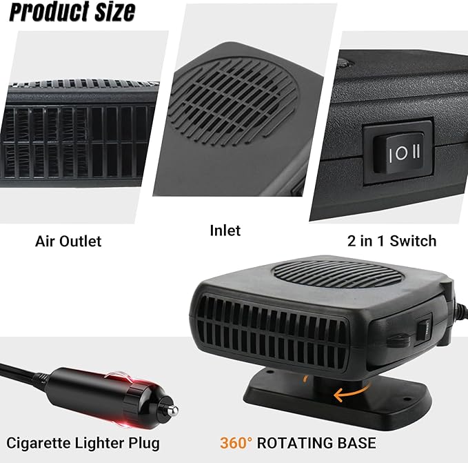 Car Heater, 200W Car Heaters Auto Part 12V Portable Heater for Car, Car Heater That Plugs Into Cigarette Lighter, Car Defroster Windshield Demister, Auto Defogger 360° Rotatable With Ergonomic Handle