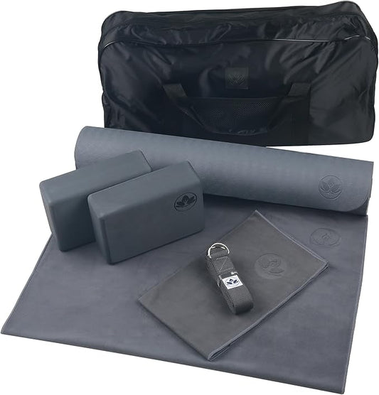 Clever Yoga - 7 Piece Yoga Kit for Women & Men, 6mm Cushioned Mat, 2 Blocks, Strap, Mat and Hand Towels & Carrying Bag - Starter Yoga Set, Accessories & Equipment for Home Workout-FlexoryFit