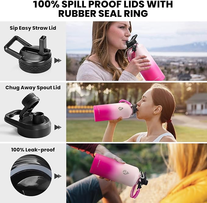 Insulated Water Bottle 87 oz, Triple Wall Vacuum Stainless Steel (Cold for 48 Hrs), Leak Proof & Non-BPA, Modern Water Flask Jug with Paracord Handle & Straw Spout Lids, Ombre Pink-FlexoryFit
