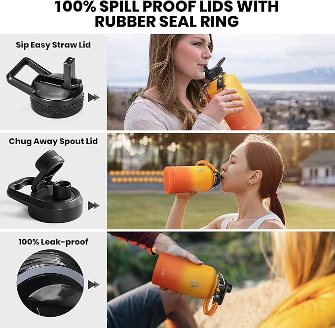 Insulated Water Bottle 64 oz, Triple Wall Vacuum Stainless Steel (Cold for 48 Hrs), Leak Proof & Non-BPA, Half Gallon Water Flask Jug with Paracord Handle & Straw Spout Lids, Ombre Orange-FlexoryFit
