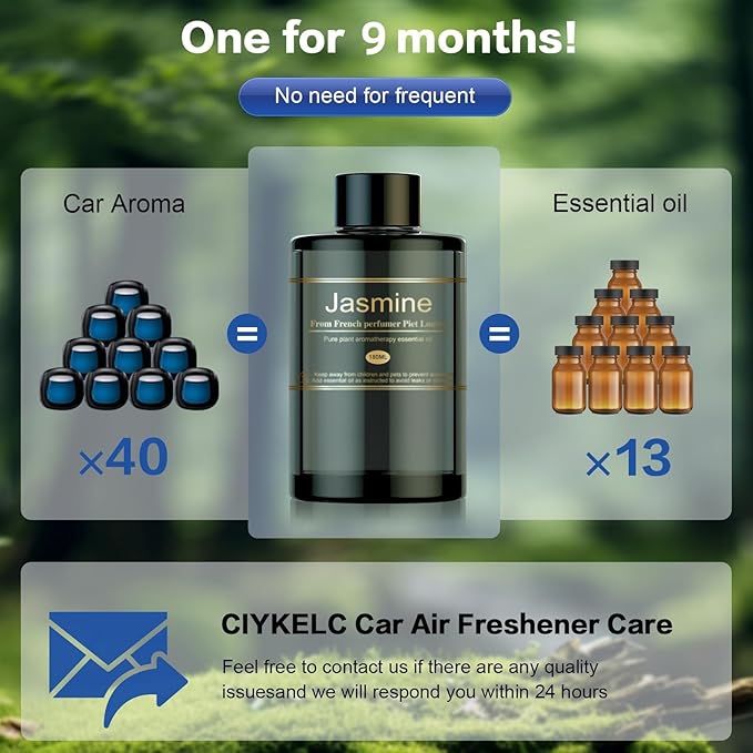 Car Air Freshener Refill for Men & Women 6.09 FL OZ /180ML - 9 Month Jasmine Scent Essential Oil Perfume, Essential Oil Made of Natural Plant Extracts, Compatible with Car Diffusers for Home/Office