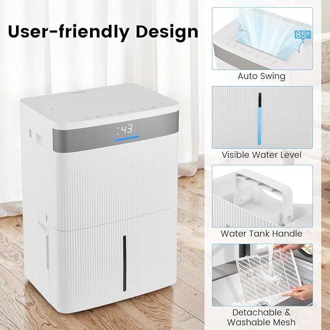 COSTWAY 4500 Sq.Ft Dehumidifier for Basement, Home Dehumidifier with Convenient Handle, 1.4 Gallon Tank, Auto Defrost, 24H Timer, 3-Color Indicator, Drain Hose & Wheels for Bathroom, Bedroom (74 pint)
