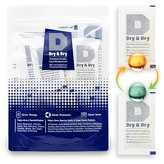 Dry & Dry 10 Gram [100 Packets] Orange Indicating Silica Gel Packets Desiccants - Food Safe Silica Packs, Silica Gel, Silica Packets, Desiccant Packs for Food Storage