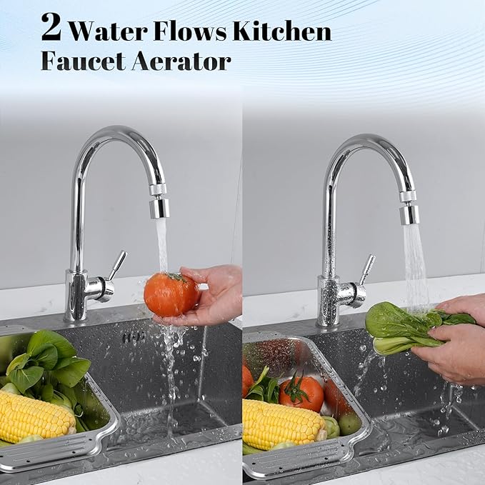 Hibbent Dual-function Metal Faucet Aerator, 2-Flow Big Angle Rotate Kitchen Sink Aerator 360 Degree Swivel Sink Sprayer Attachment, 55/64 Inch Female Thread, Chrome