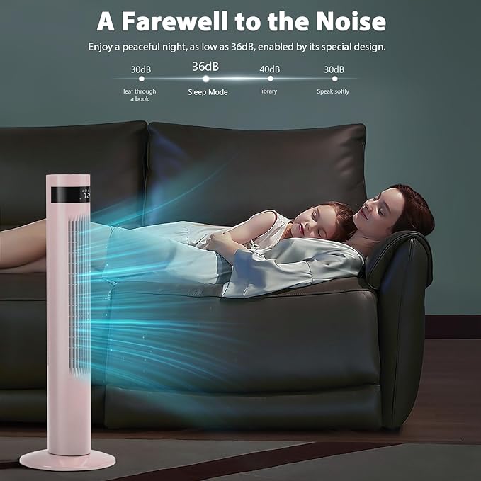 Antarctic Star Tower Fan Portable Floor Fans 85°Oscillating Fan 36'' Quiet Cooling 12H Timer Remote Control Standing Bladeless Electric 3 Speeds Wind 3 Modes Bedroom Office(36 inch, Pink)
