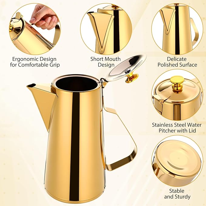Honeydak 3 Pcs Stainless Steel Pitcher with Lid 1.5 Liter Stainless Steel Kettle Metal Cold Water Pitcher Large Capacity Tea Kettle Jug Beverage Dispenser Handle for Home Restaurant(Gold)