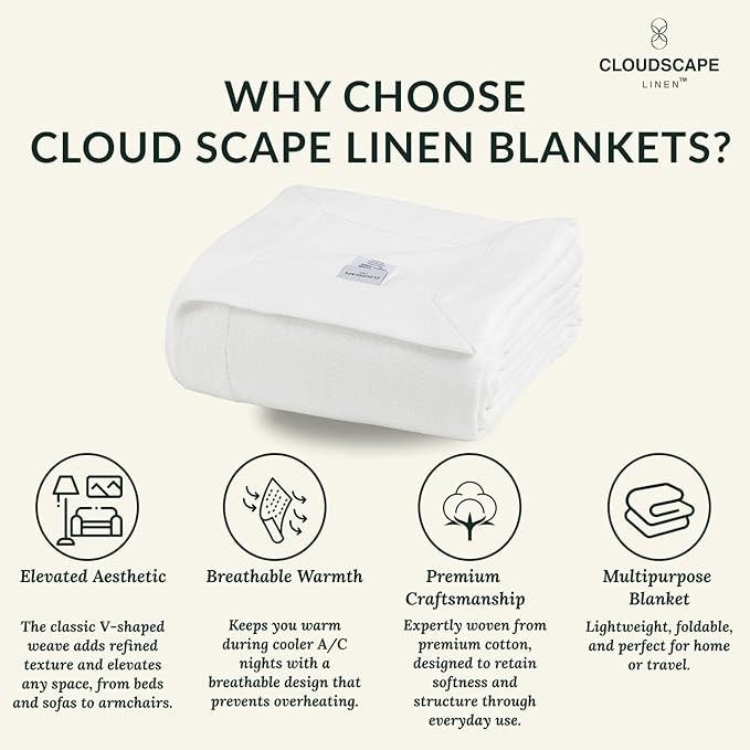 Cloud Scape Linen 100% Cotton Blanket King Size for Bed – Lightweight Summer Blanket, Herringbone Weave,fits California King Size Bed, 92x108,White