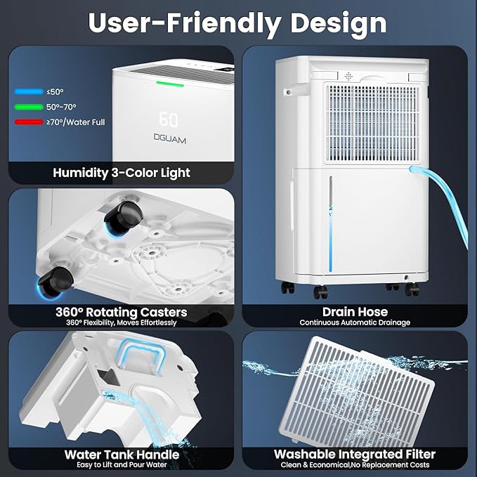 Dehumidifier, Compressor Dehumidifier for Basement 4500 Sq.Ft, Energy Efficient Max 80 Pint/D (Std 60 Pint/D), Smart Humidity Control, Drain Hose, 42dB Quiet & Auto Defrost, for Home, Bedroom