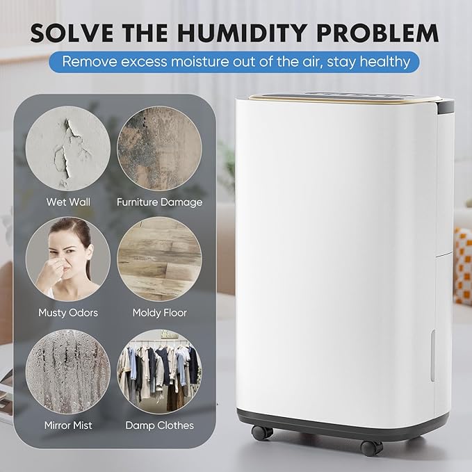 Sweetcrispy 4,500 Sq. Ft. Dehumidifier for Basement, 50 Pints Dehumidifiers for Home with Drain Hose, 1.58 Gallon Water Tank Portable Quiet Moisture Remover, Ideal for Whole House, Bedroom & Bathroom