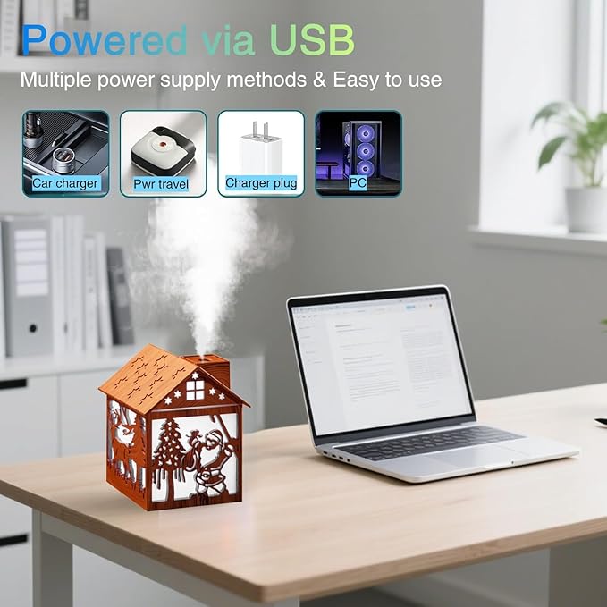 Colorful Cool Mini Humidifier, Cabin styling with Christmas theme，USB Personal Desktop Humidifier 2 Mist Modes, 7 colors,Super Quiet Perfect for Baby Bedroom, Office (Lightwood)