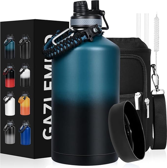 1 Gallon Water Bottle Insulated, Leak Proof 128 oz Stainless Steel Water Jug with Straw/Spout 2-in-1 Lid, Sleeve, Paracord Handle, Silicone Boot, One Gal Metal Canteen for Gym Sport Camping-FlexoryFit