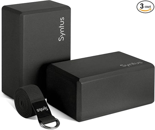 Syntus Yoga Block and Yoga Strap Set, 2 Soft Non-Slip Yoga Blocks 9×6×4 inches, 8FT Metal D-Ring Strap for Yoga, General Fitness, Pilates, Stretching and Toning-FlexoryFit
