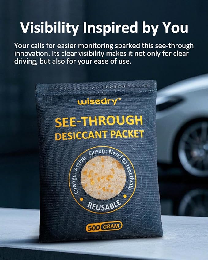 wisedry 4 x 500 Gram See-Through Silica Gel Packets, Color-Indicating Desiccant Packs for Storage, Reusable Safe Dehumidifier, Heat Resistant Dehumidifier Bags