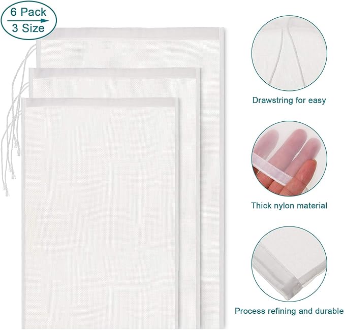 Boao 6 Pack Nut Milk Bags - Reusable Food Strainer Bags with Fine Mesh Nylon Drawstring, 3 Sizes