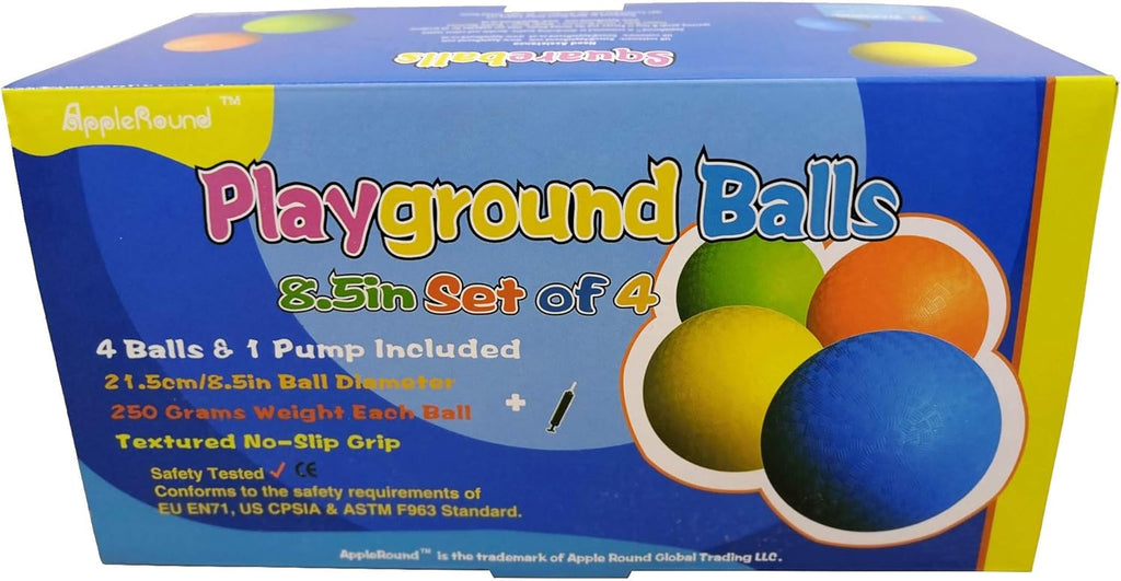 AppleRound 8.5-inch Dodgeball Playground Balls, Pack of 4 Balls with 1 Pump, Official Size for Dodge Ball, Handball, Camps and Schools