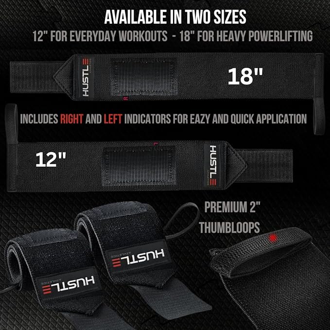 Hustle Athletics Wrist Wraps for Weightlifting – Max Wrist Support for Safe & Heavy Lifts, USPA Approved 18" & 12" Lengths, Thumb Loop Gym Straps for Powerlifting & Weight Lifting for Men and Women-FlexoryFit