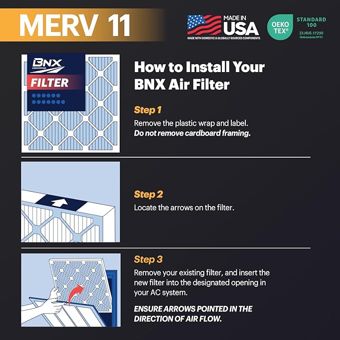 BNX TruFilter 16x25x4 (15.5’’ x 24.5’’ x 3.63‘’ Slim Fit) MERV 11 Air Filter 2-Pack - MADE IN USA - Air Conditioner Furnace Filters HVAC AC Furnace Filters for Allergy Dust, Pet, Mold, MPR 1200 FPR 7