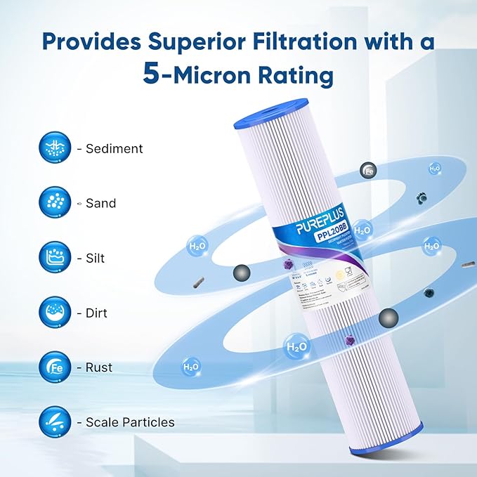PUREPLUS 5 Micron 20" x 4.5" Whole House Pleated Sediment Filter for Well Water, Replacement Cartridge for ECP20-20BB, AP810-2, SPC-45-2020, R30-20BB, HDC3001, ECP5-20BB, 4Pack