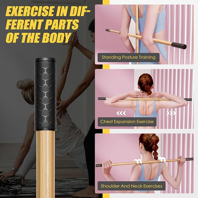 Bamboo Stretch Yoga Stick, 5ft/149 cm, Flexibility Stick for Physical Therapy, Premium Yoga Dowel with Super Sturdy Rubber Handle Ends, Exercise Bar for Posture Corrector-FlexoryFit