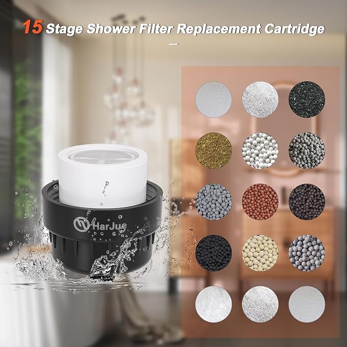HarJue 15 Stage Shower Filter Replacement Cartridge, Universal High Output Filter for Hard Water, Removes Chlorine and Harmful Substances, Body Caring, Fit Any Similar Shower, 4 Pack