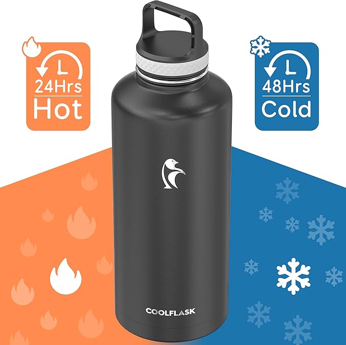 Insulated Water Bottle 87 oz with Straw, Coolflask 2/3 Gallon Stainless Steel Metal 3 Lids Large Water Jug for Sports or Office, Non-BPA Keep Cold Up to 48 Hrs or Hot Up to 24 Hrs, Magic Black-FlexoryFit