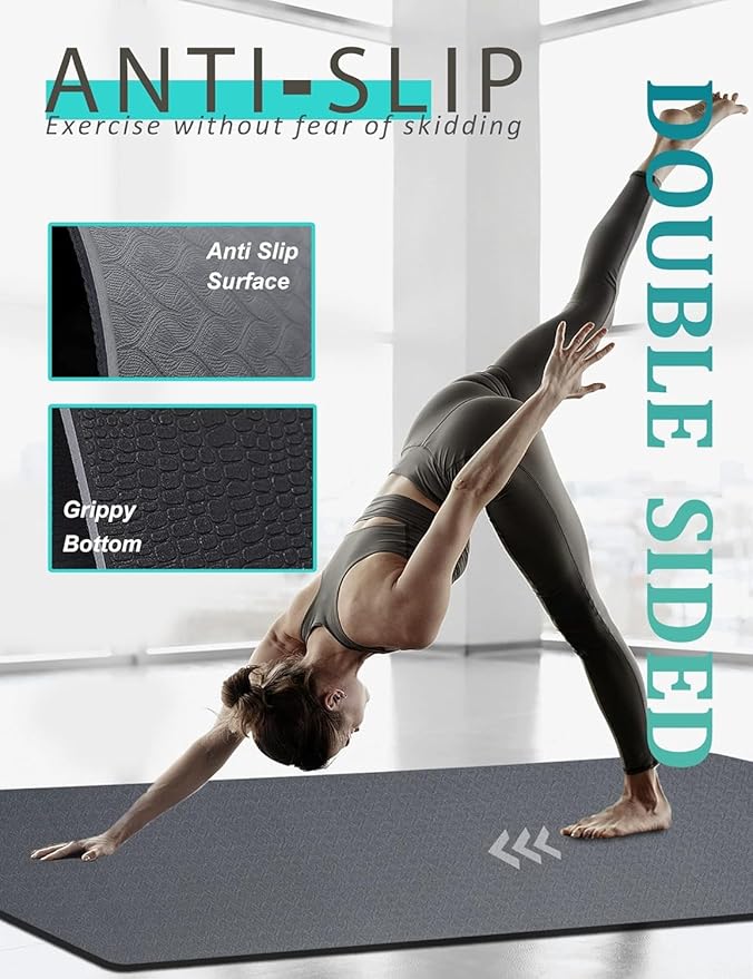 Yoga Mat Double-Sided Non Slip, 72'' x 32'' x 7mm - Extra Wide & Thick Yoga Mat for Women Men Kids, Professional TPE Yoga Mats for Home Workout, Yoga, Pilates and Floor Exercise, with Carrier Strap-FlexoryFit