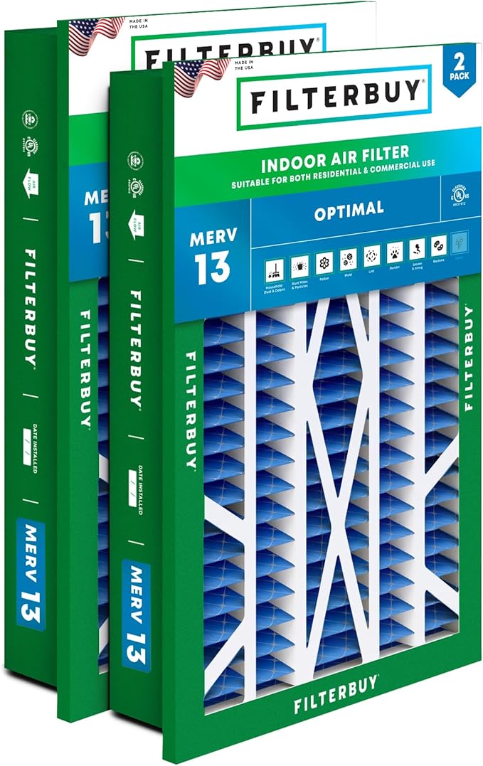 Filterbuy 16x25x5 Air Filter MERV 13 Optimal Defense (2-Pack), Pleated HVAC AC Furnace Air Filters Replacement for Honeywell Return Grille (Actual Size: 14.38 x 23.38 x 3.69 Inches)