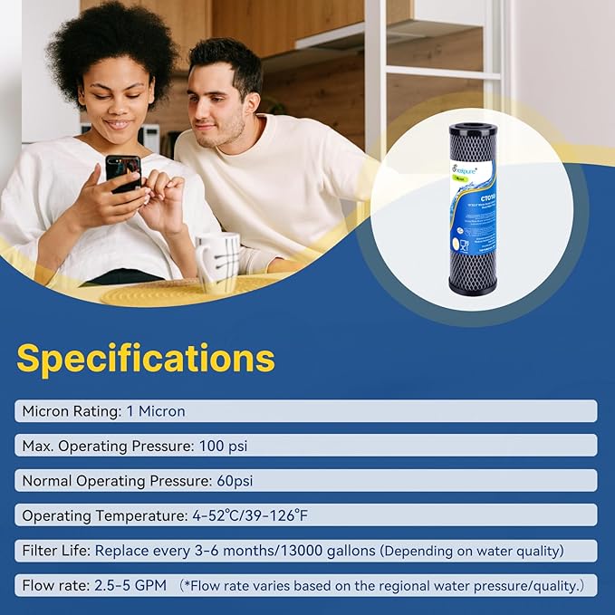 1 Micron 10" x 2.5" Whole House CTO Carbon Water Filter Cartridge Replacement for Home Countertop System, Dupont WFPFC8002, WFPFC9001, FXWTC, SCWH-5, WHEF-WHWC, WHCF-WHWC, CTO10, T01, 2PACK