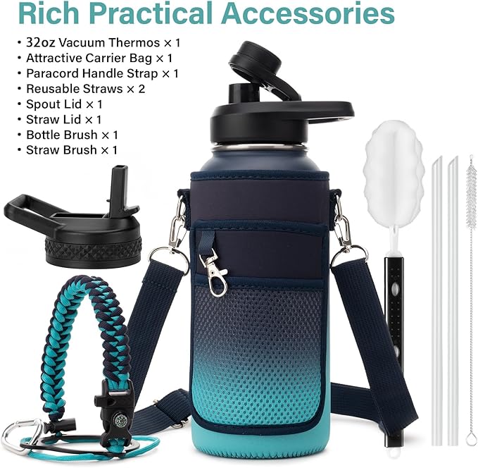 Insulated Water Bottle | Thickened Stainless Steel Vacuum Metal | Portable Sports Water Jug for Gym and Hiking with Straw, Carrier Bag, Handle Strap | BPA-Free 32 oz-FlexoryFit