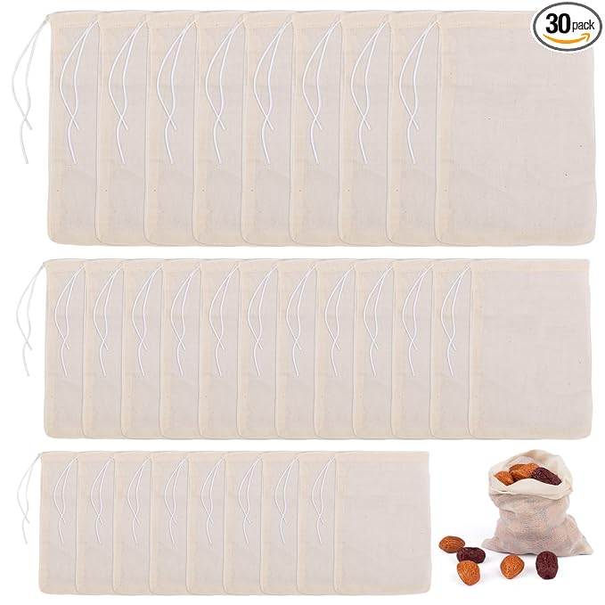 AUEAR, 30 Pack Reusable Drawstring Cotton Soup Bags Spice Bag Tea Filter Coffee Brew Herb Muslin Cheesecloth for Straining(3 Sizes)