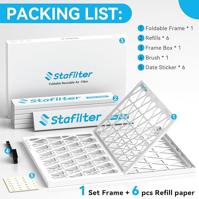 Reusable 14x30x1 Air Filter (MERV 8), 1 Foldable Frame + 6 Refills (Not Individual Filters), Greener HVAC AC Furnace Air Filters MPR 700&FPR 5(Actual Size:13.75"x29.75"x0.75")
