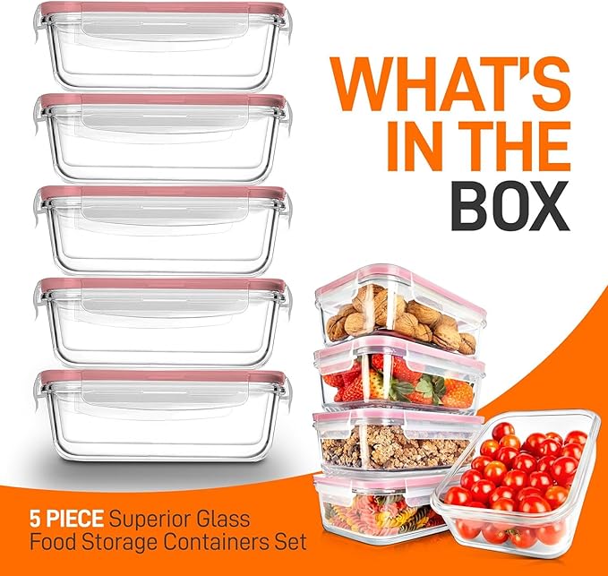 Nutrichef 10-Piece Glass Food Containers - Stackable Superior Glass Meal-prep Storage Containers, Newly Innovated Leakproof Locking Lids w/Air Hole, Freezer-to-Oven-Safe (Red)-FlexoryFit