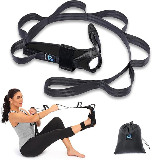 Foot and Calf Stretcher for Plantar Fasciitis, Achilles Tendonitis, Heel Spurs, Drop Foot. Yoga Stretching Strap for Leg, Thigh and Hamstring (Black)-FlexoryFit