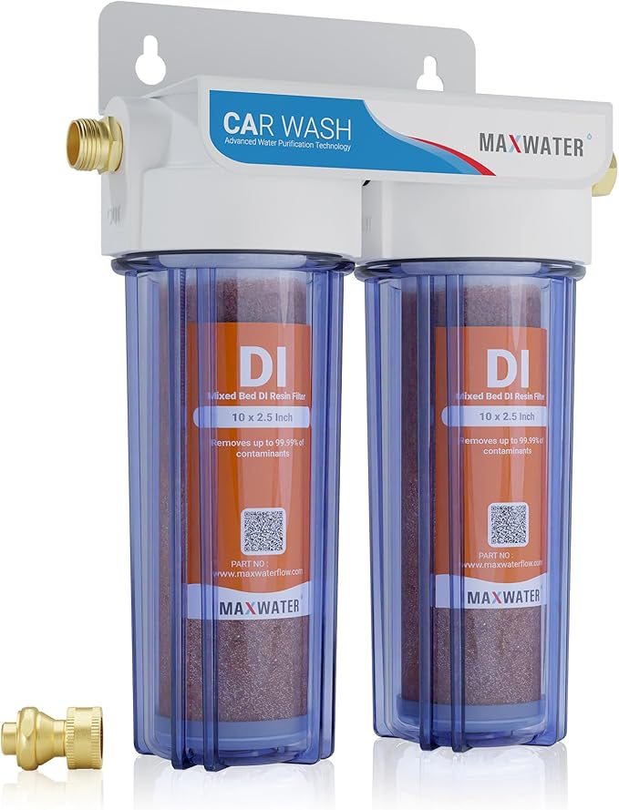 Max Water 2 Stage Deionized Spot Free Car Rinse Unit, Premium Water Deionizer for Spotless Washing - Car RV and Motorcycle Wash System - 2 DI Filters with 45-80 PSI and 3/4" Inlet/Outlet