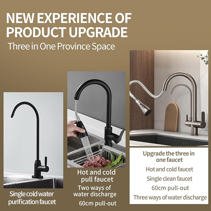Kitchen Sink Faucet with Pull - Down Sprayer, 2 - Handle 3 - in - 1 Kitchen Sink Filter Faucet, Cold and Hot Mixer Drinking Water Faucet (Grey-02)