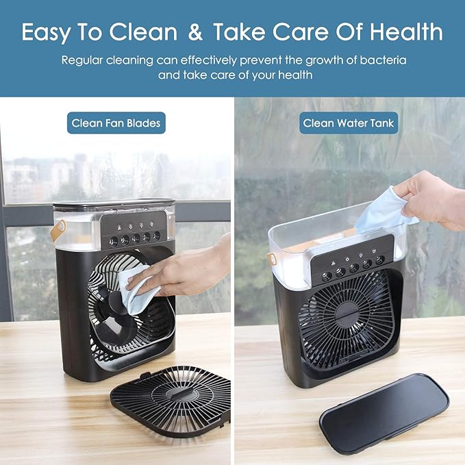 Personal Air Cooler, Portable Air Conditioner Fan, Mini Evaporative Cooler with 7 Colors LED Light, 1/2/3 H Timer, 3 Wind Speeds and 3 Spray Modes for Your Desk, Nightstand, or Coffee Table