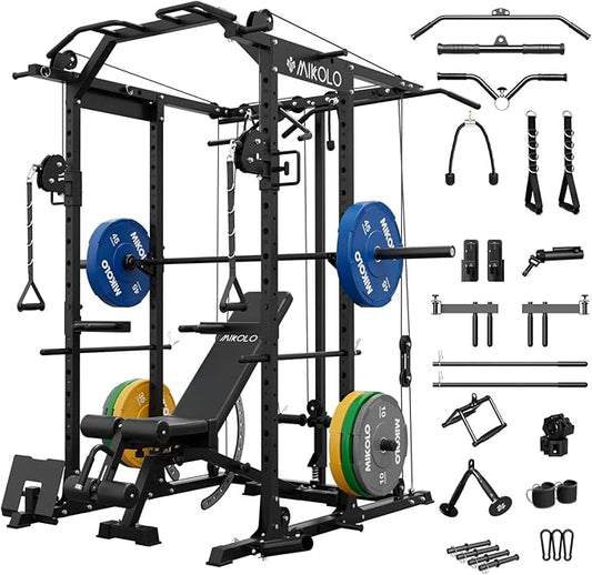 Mikolo Power Cage, Power Rack with Cable Crossover System, 1500LBS Squat Rack with LAT Pull Down System, Workout Cage with Pulley System for Fitness Home Gym-FlexoryFit